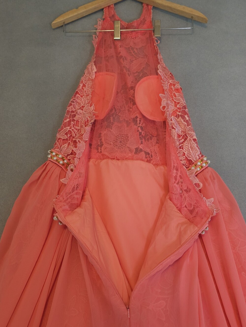 Coral Lace Mini Prom Dress Size 16 Chiffon Overskirt Train NWOT - Picture 10 of 13